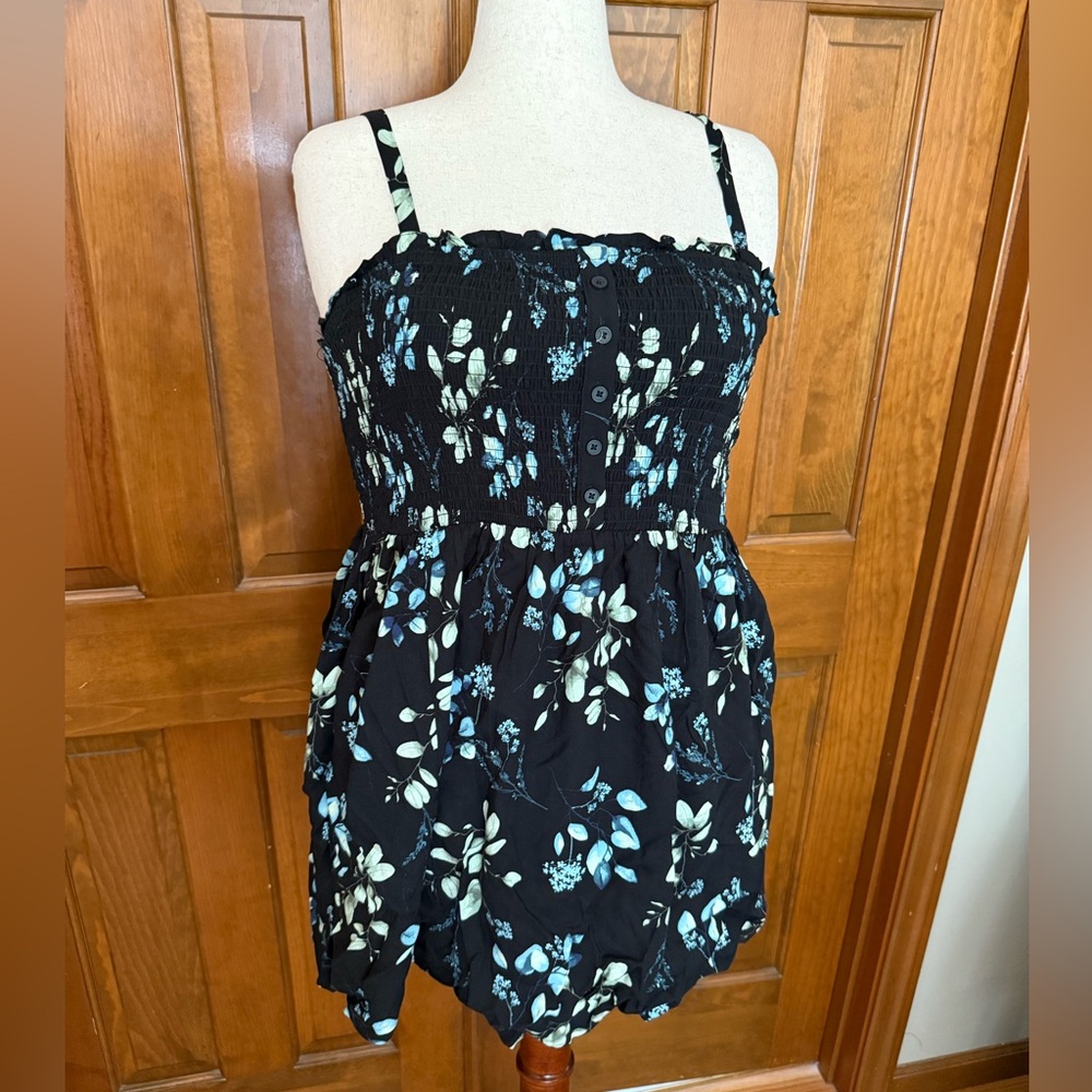 Torrid Black and Blue Floral Smocked Top